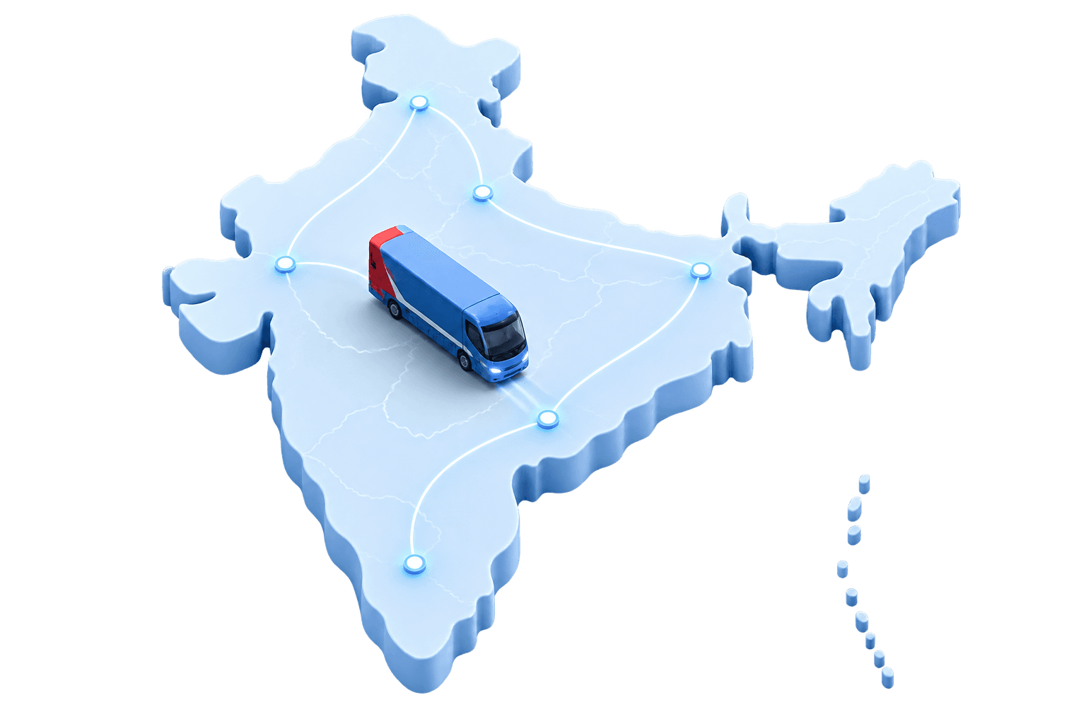 Illustration of a Movit truck on a map of India